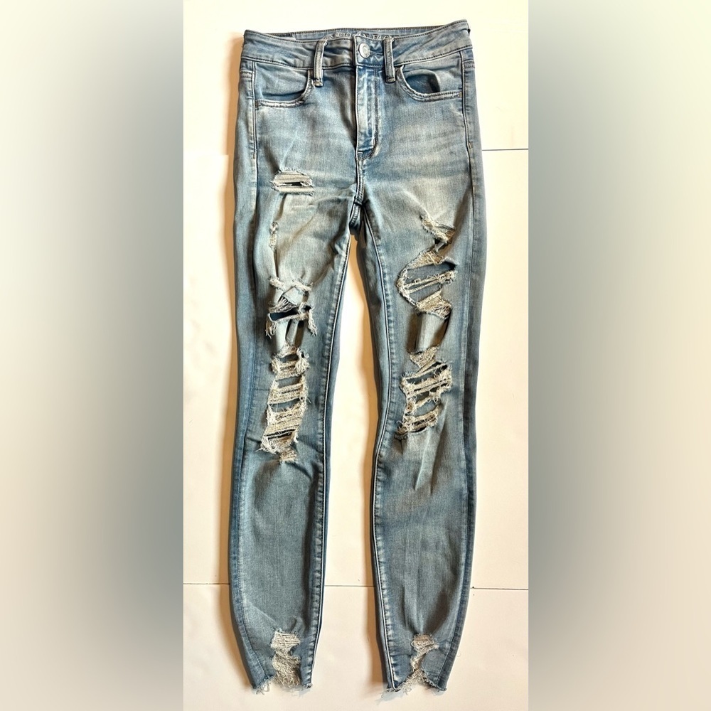 American Eagle Distressed Super Stretch Blue Jeans Women’s Hi-Rise Jegging Sz 2